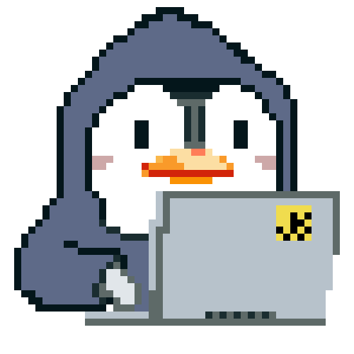 an emperor penguin in a gray hoodie, behind a laptop with a javascript logo on it